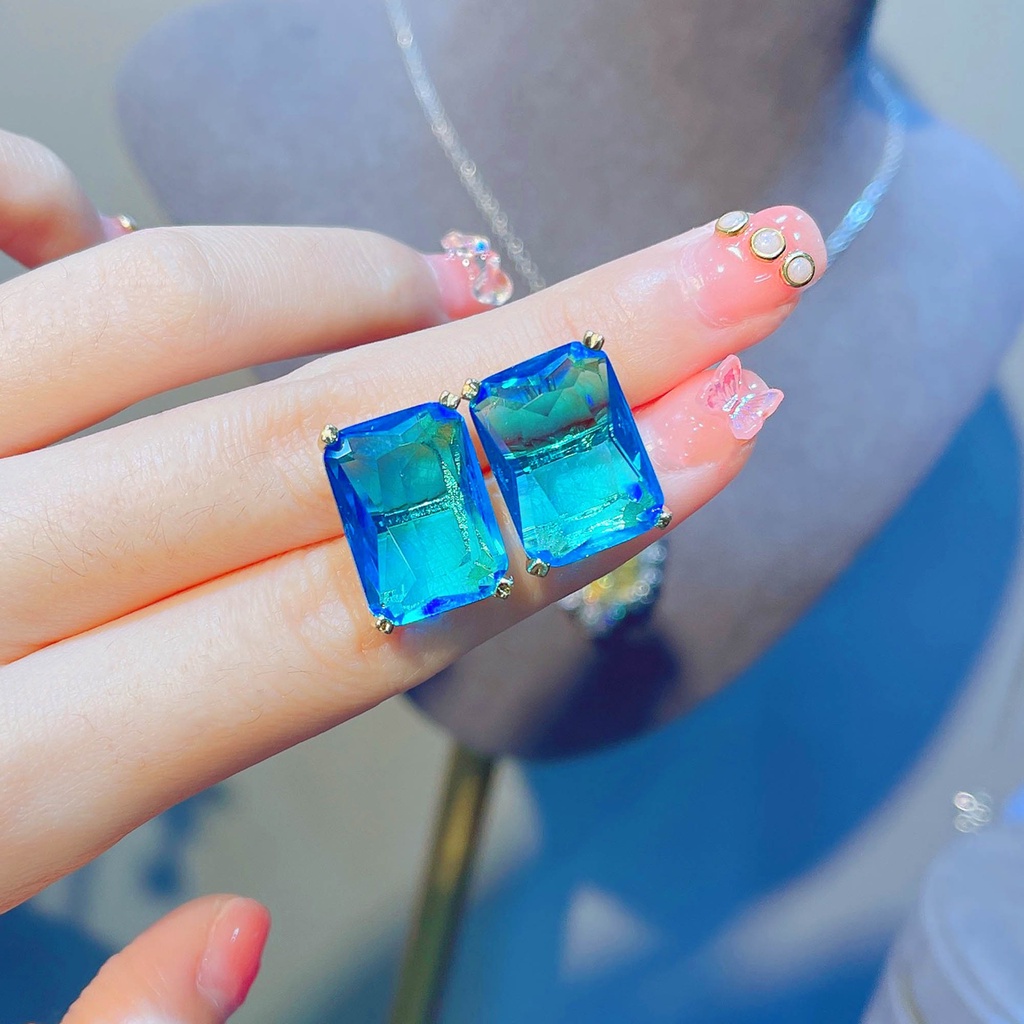 Khuyên Tai Đính Đá Topaz Hình Vuông Màu Xanh Dương Phong Cách Mới Cho Nữ-JHS4-E