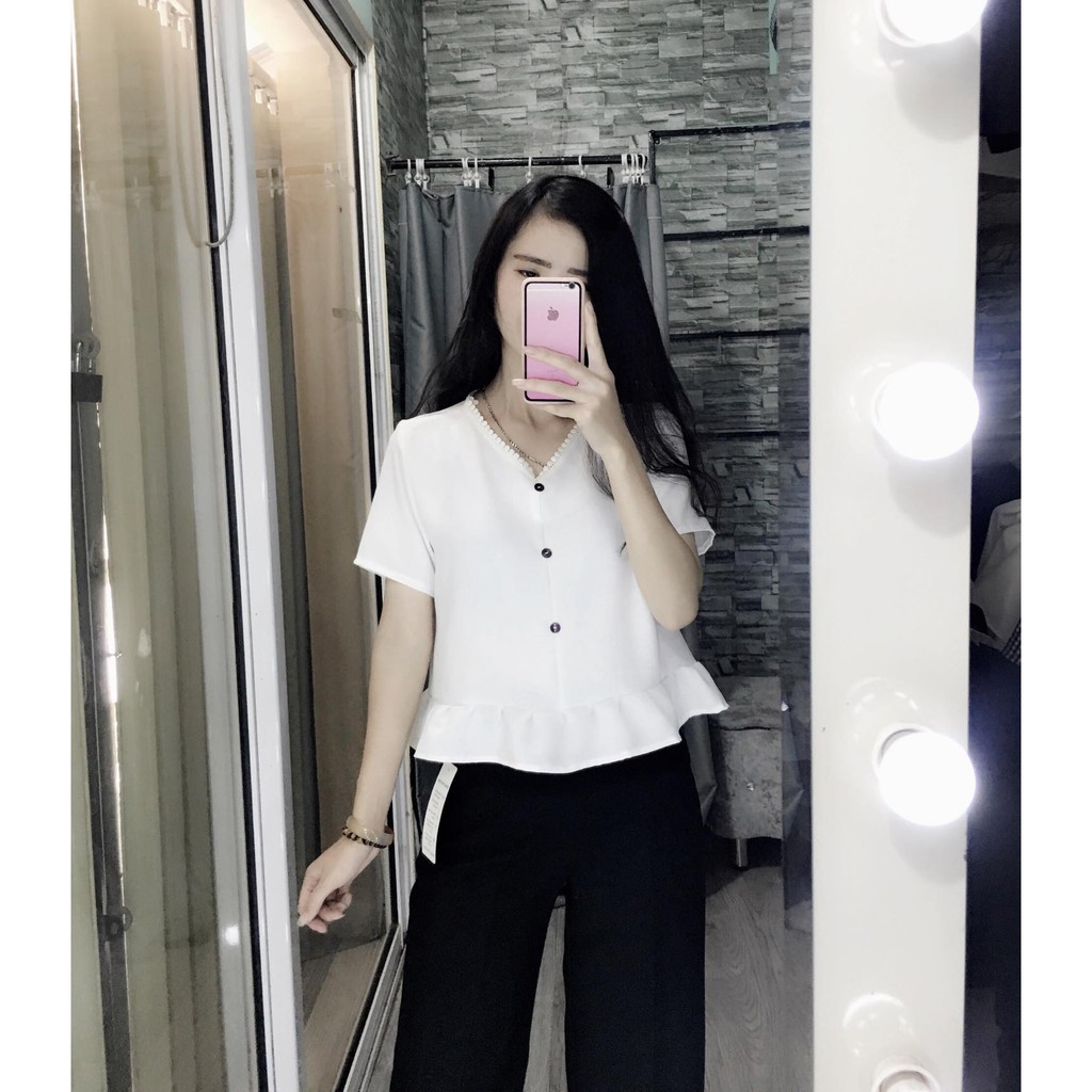 Áo baby doll croptop cổ V (ẢNH THẬT SHOP TỰ CHỤP)