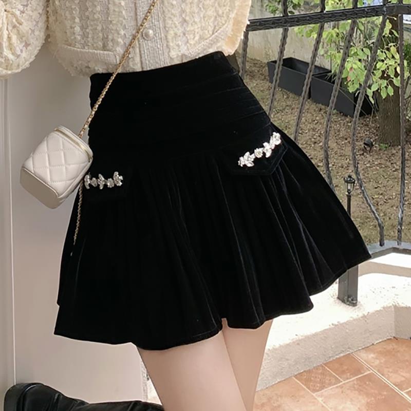 ♥Hàng có sẵn♥ Chân váy nhung ngắn lưng cao xếp ly đính đá thời trang 2021