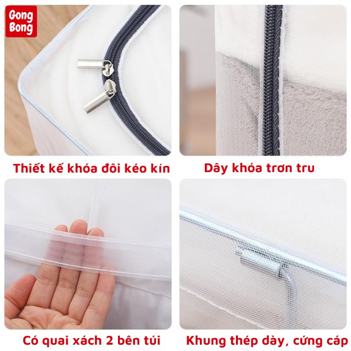 Hộp đựng quần áo chăn màn vải trong suốt chống thấm nước có khung thép có nắp khóa kéo dung tích 66l Gong Bong store