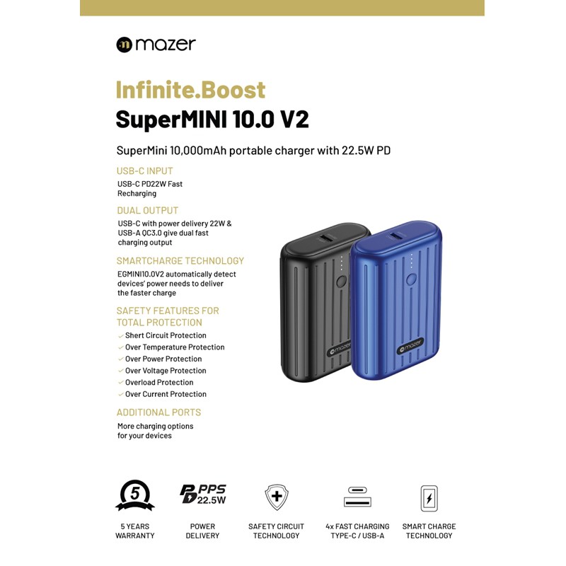 Pin sạc dự phòng Mazer Power.Boost Supper Mini 10.0V2 - 10.000mAh [Chính hãng phân phối, Bảo hành 5 năm]