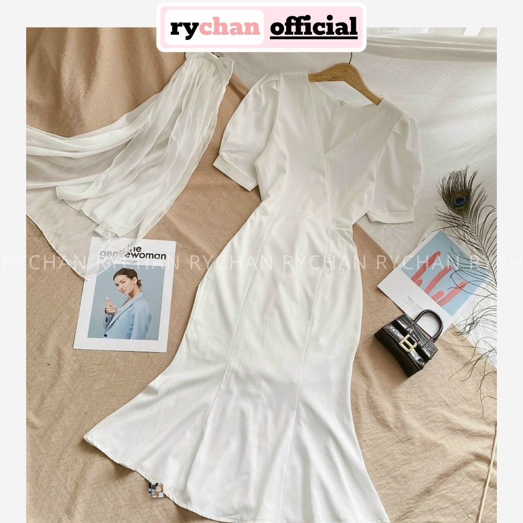 Đầm Đi Biển Maxi Trắng Đuôi Cá Đắp Cổ Tay Phồng Cột Lưng Lót Trong Dày Dặn [Ảnh Thật Cuối] - DM0107