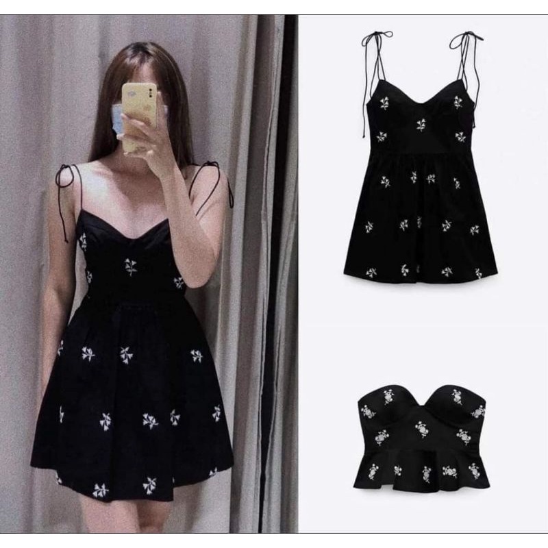 ĐẦM DÂY ĐEN THÊU HOA TRẮNG ZR XUẤT XỊN
