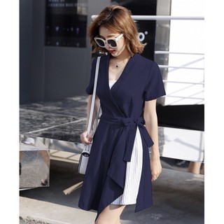 Đầm váy freesize xanh tà phối sọc