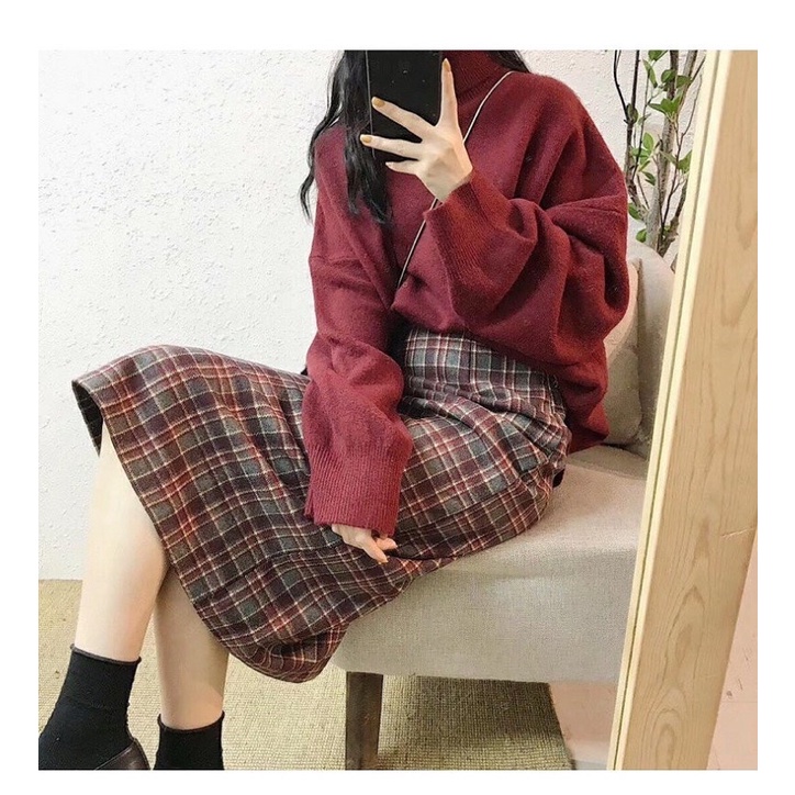 BIGSIZE!!! Set áo len đỏ +chân váy kẻ caro bigsize ulzzang order