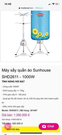 Máy sấy quần áo sunhouse
