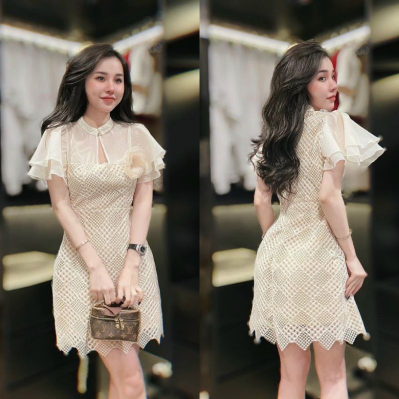 Đầm Dự Tiệc Ms.0348 Đầm Thiết Kế Dáng Chữ A, Tay Bèo Cánh Tiên, Cổ Tàu, Chất Zen Vân Pha Tơ Sang Chảnh