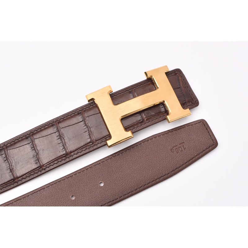 🌟Siêu chất🌟 Dây lưng da cá sấu dây bản 3.8 cm | vân da bụng Cá Sấu màu nâu mặt khoá chữ H, khoá bấm màu vàng
