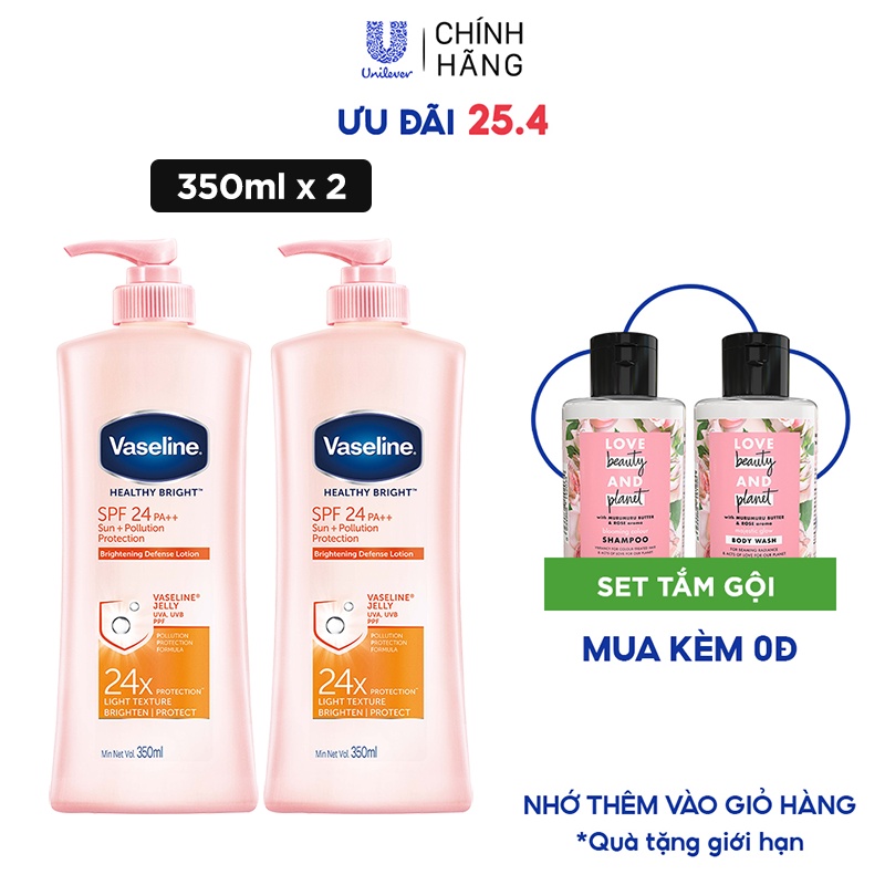 Combo 2 Sữa dưỡng thể chống nắng và dưỡng sáng SPF24 PA++VASELINE Healthy Bright Sun + Pollution Protection 350ML/chai