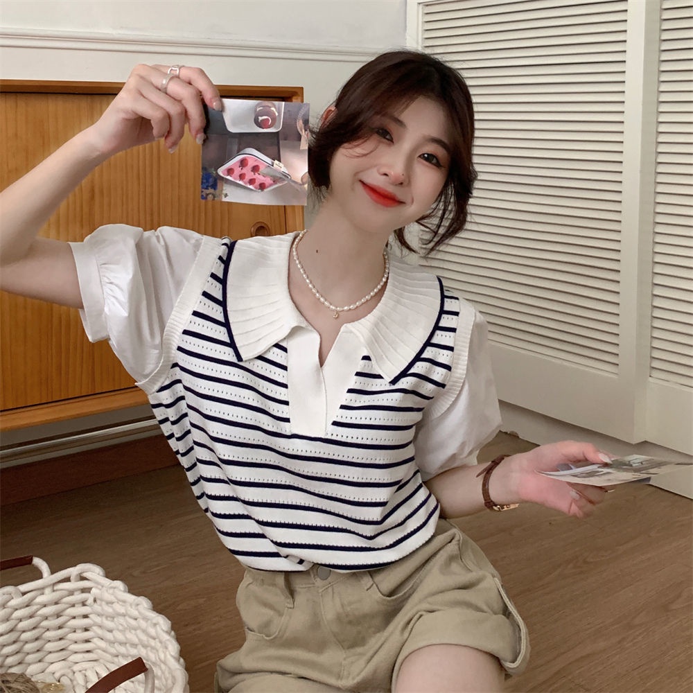 Áo Thun polo Giả Hai Lớp Tay Phồng Họa Tiết Kẻ Sọc Dành Cho Nữ JL-TX-513