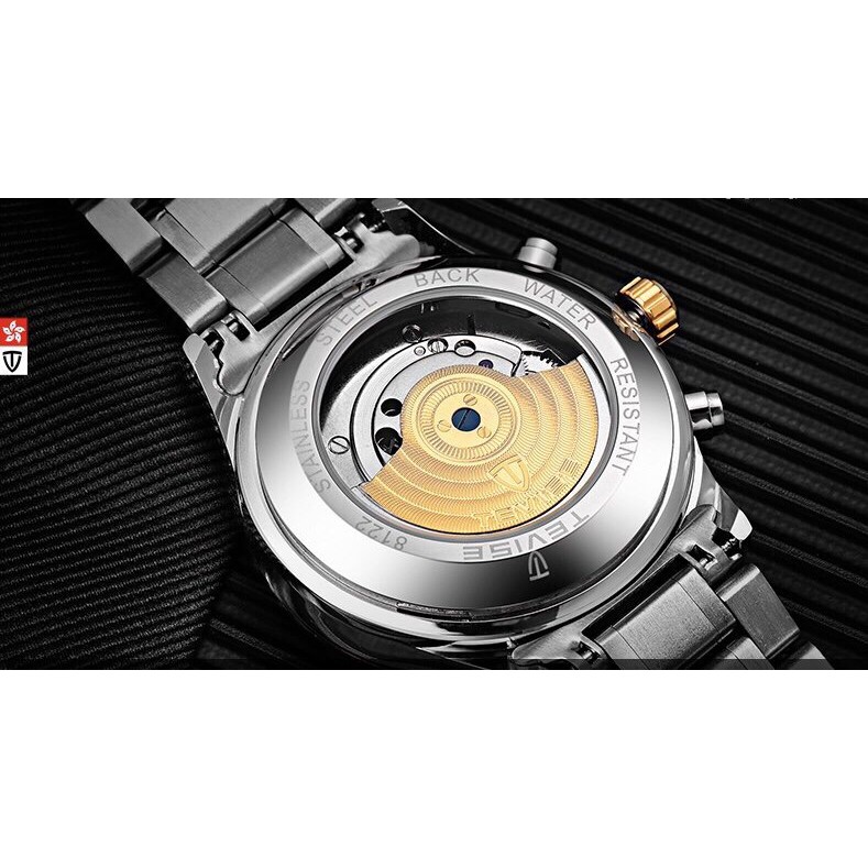 Đồng hồ nam Tevise chính hãng Dây kim loại Mặt lộ máy chạy kim lịch Ngày Thứ Tháng Quý + Tặng hộp đồng hồ (Đỏ / Đen)