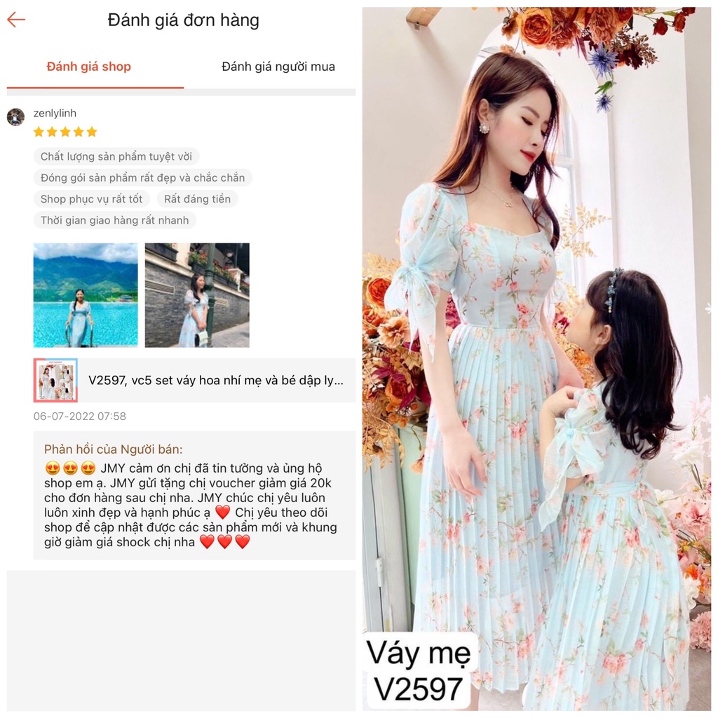 V2597, vc5 set váy voan hoa nhí mẹ và bé xanh mint dáng dài dập ly cổ tim đi biển -  Dolce viva colection