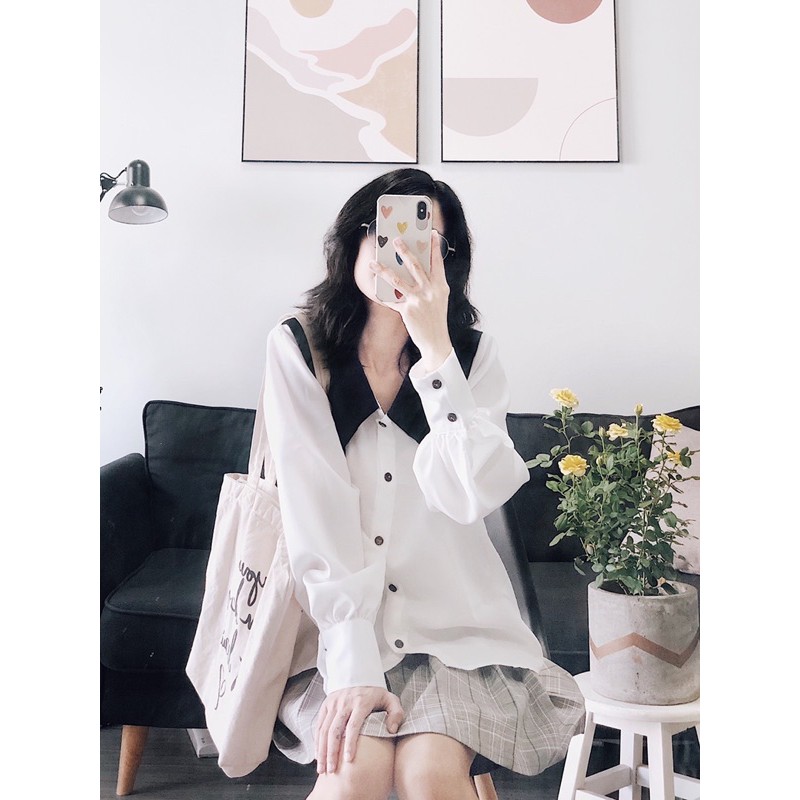 [Mã SKAMLTSM9 giảm 10% đơn 99K] áo trắng tay bồng cổ V phối đen(Có 2 màu trăng và đen | BigBuy360 - bigbuy360.vn
