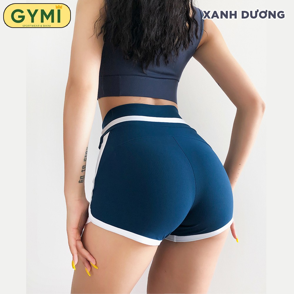 Quần tập gym yoga nữ GYMI QS13 dáng đùi short chất thun mịn cạp cao nâng mông có viền trắng thể thao