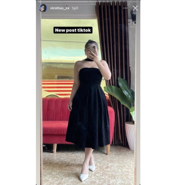 Đầm dự tiệc trễ vai Kim Hoàng. Váy đi tiệc dáng xoè cúp ngực thắt nơ lưng vải nhung đen hàng thiết kế cao cấp (Khả Ngân) | BigBuy360 - bigbuy360.vn