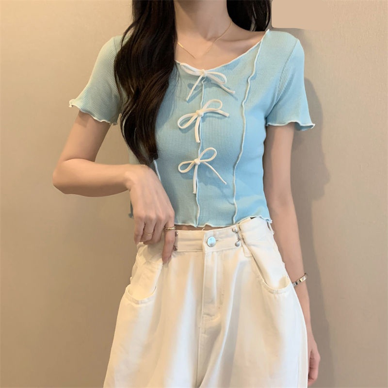 Áo Thun Croptop Dệt Kim Tay Ngắn Cổ Tròn Phối Nơ Họa Tiết Kẻ Sọc Màu Tương Phản Dễ Thương Thời Trang Cho Nữ