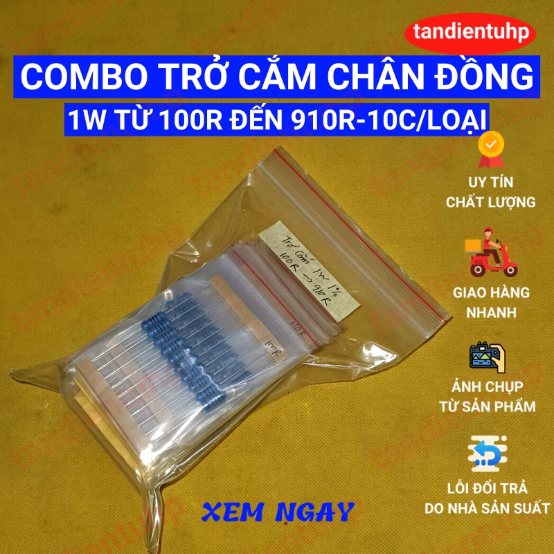 Trở cắm 1W màng kim loại, chân Đồng, sai số 1% , 21 mã từ 100R đến 910R mỗi mã 10 chiếc, thương hiệu Đài Loan