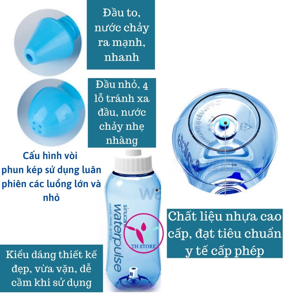 [Hàng chính hãng] Bình rửa mũi cao cấp Waterpulse với 2 đầu rửa (người lớn & trẻ em) - Tặng 2 gói muối bạc nano