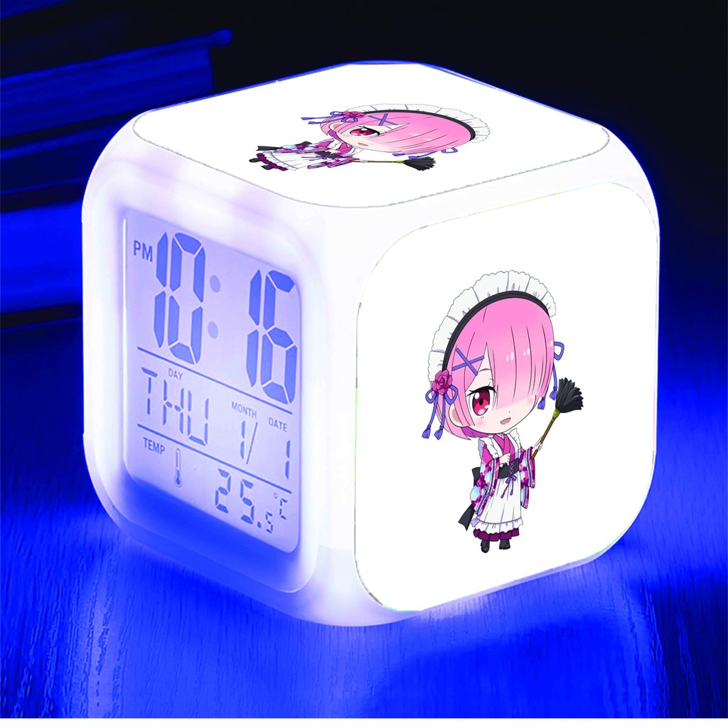 Đồng hồ báo thức để bàn in hình RE:ZERO Bắt Đầu Lại Ở Thế Giới Khác chibi anime đèn LED đổi màu