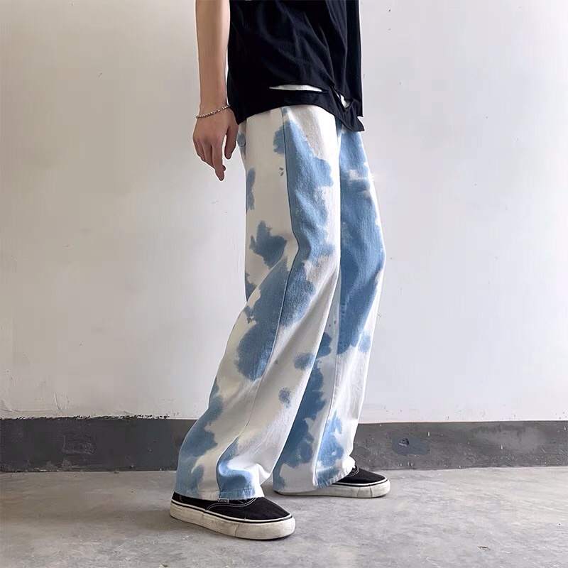 Quần bò jeans ống rộng màu bò sữa phối màu xanh trắng hiphop ovesize Ulzzang siêu chất ❤️