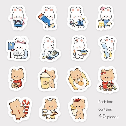 Hộp 45 miếng dán, sticker hình Gấu Thỏ siêu đáng yêu