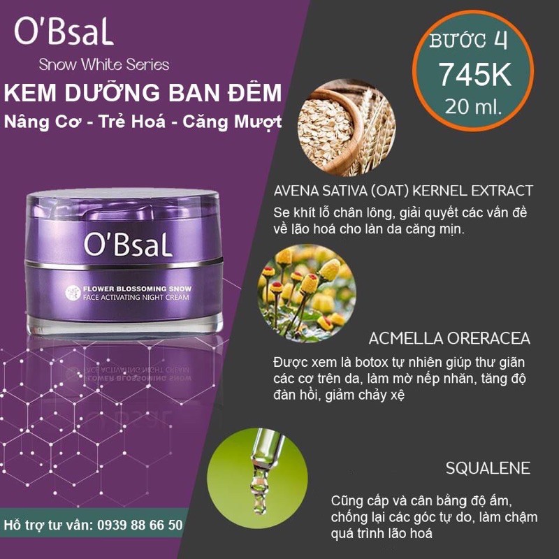 Kem dưỡng ban đêm tái tạo , căng mịn O’Bsal Flower Blossoming Snow Face Activating Cream 20ml ( OBsal )