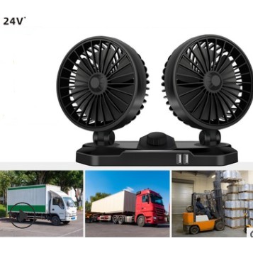 Quạt Đôi Ôtô Xe Tải 24v, Xe Nhỏ 12v, Có Nguồn 02 USB 3,1A ,xoay 360 Nguồn: Tẩu 12V, 24V