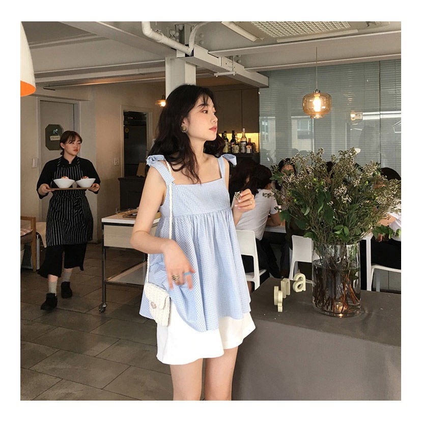 Sét hai dây babydoll kẻ xanh kèm quần sooc trắng  (hàng có sẵn ảnh thật)