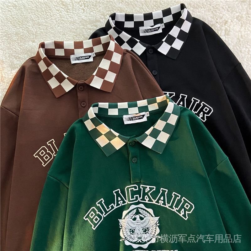 Áo Thun Nỉ Tay Dài Dáng Rộng Cổ polo Ghép Nối Họa Tiết Caro oversize Phong Cách ins Cho Nữ