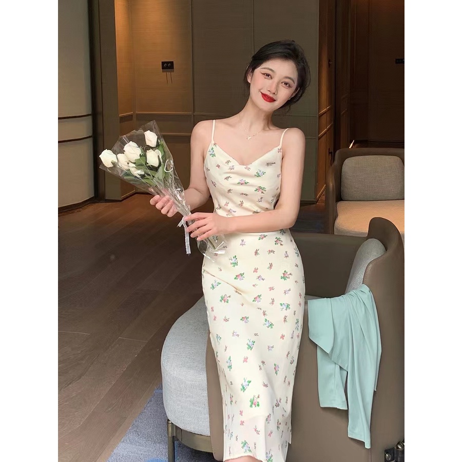 Honypove Đầm Dây Cổ Yếm Dáng Xòe Vải Satin In Hoa Mẫu Đơn Kiểu Pháp Gợi Cảm