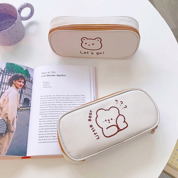 Túi Đựng Bút Bằng Vải Canvas Cỡ Lớn In Hình Gấu Hoạt Hình Dễ Thương