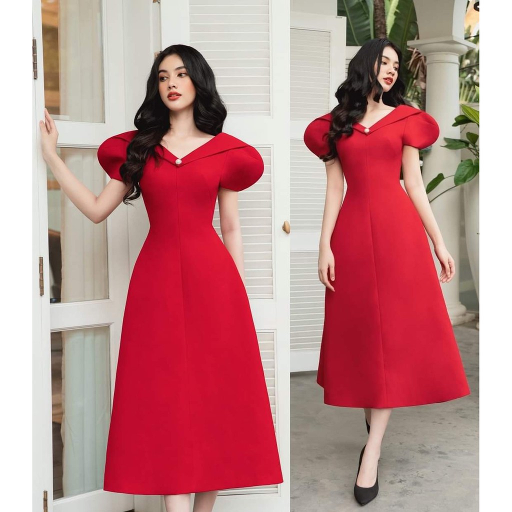 Đầm dáng xòe cổ V tay phồng đính ngọc (HÀNG CAO CẤP)
