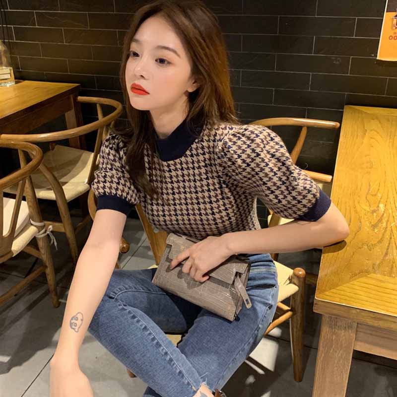 (ORDER) Áo sơ mi nữ len cộc tay cổ cao tay phồng họa tiết sang chảnh Hàn Quốc
