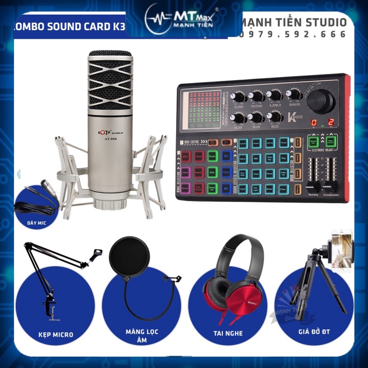 MT MAX Combo thu âm, livestream Micro AQTA AT-808, Sound card K300 - Kèm full phụ kiện kẹp micro, màng lọc, tai nghe giá