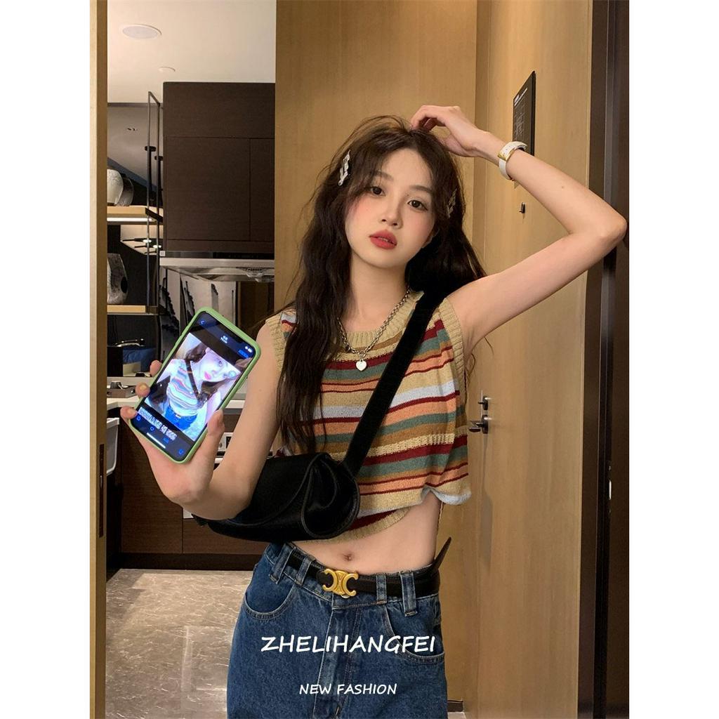 ZHELIHANGFEI Áo Dệt Kim Hai Dây Ôm Dáng Phong Cách Ngọt Ngào