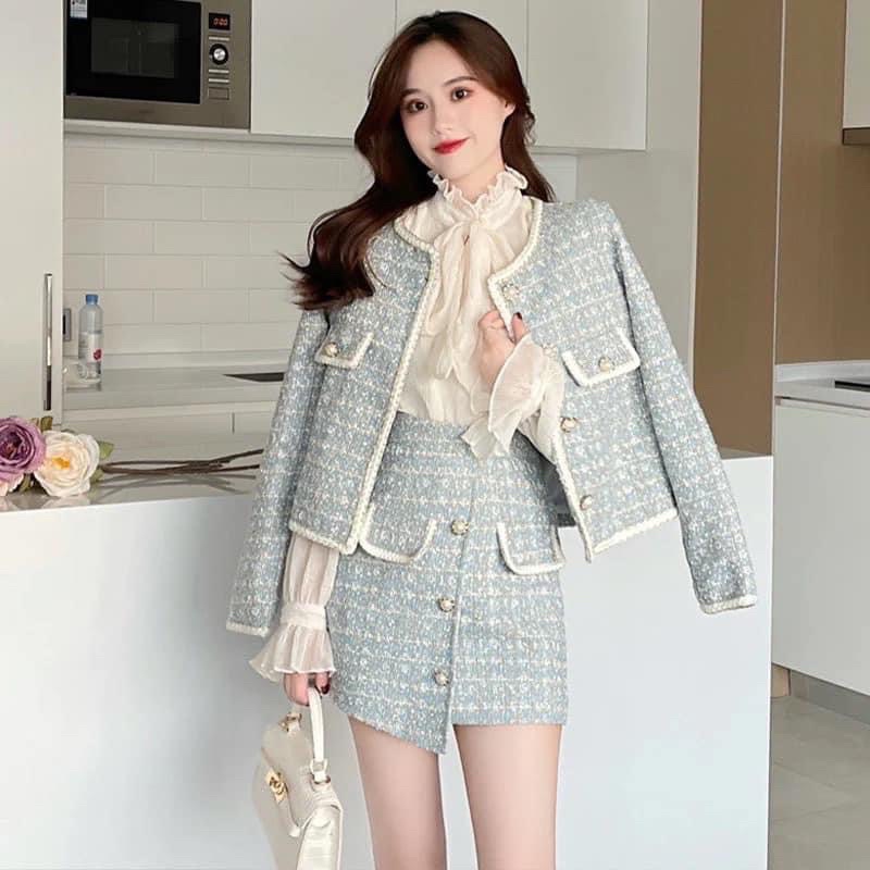 Set Dạ tweed cúc đồng chất dạ dày dặn 2 lớp ,màu xanh siêu đẹp( không kèm áo somi)
