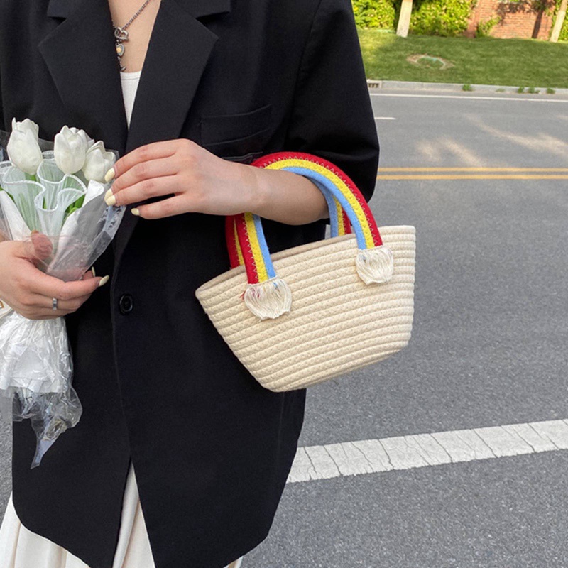 Túi Xách cotton Đan Lát Màu Cầu Vồng Dễ Thương Cho Nữ