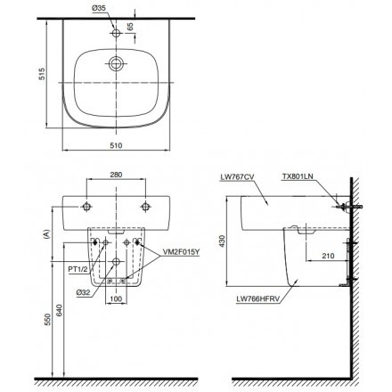 Chậu Lavabo TOTO LHT767CR Treo Tường Chân Ngắn