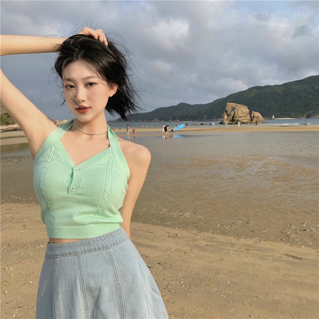 Áo Yếm Khuy Selala Dáng Ôm Cổ Nơ Phối Sexy Siêu Co Giãn Thoải Mái V11