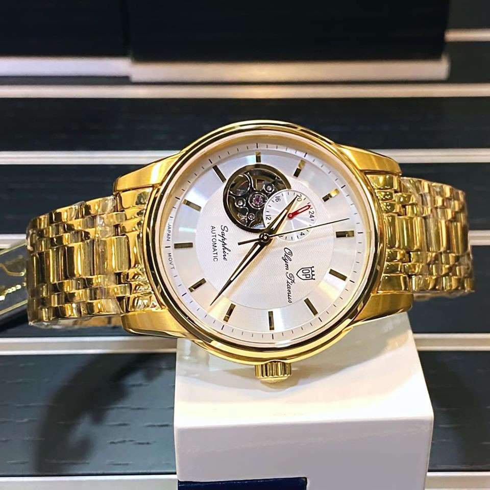 Đồng hồ nam dây kim loại mặt kính chống xước Automatic Olym Pianus OP990-163 OP990-163AMK trắng