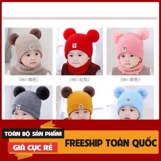 Sét Mũ len 2 quả bông tặng kèm khăn cho bé yêu