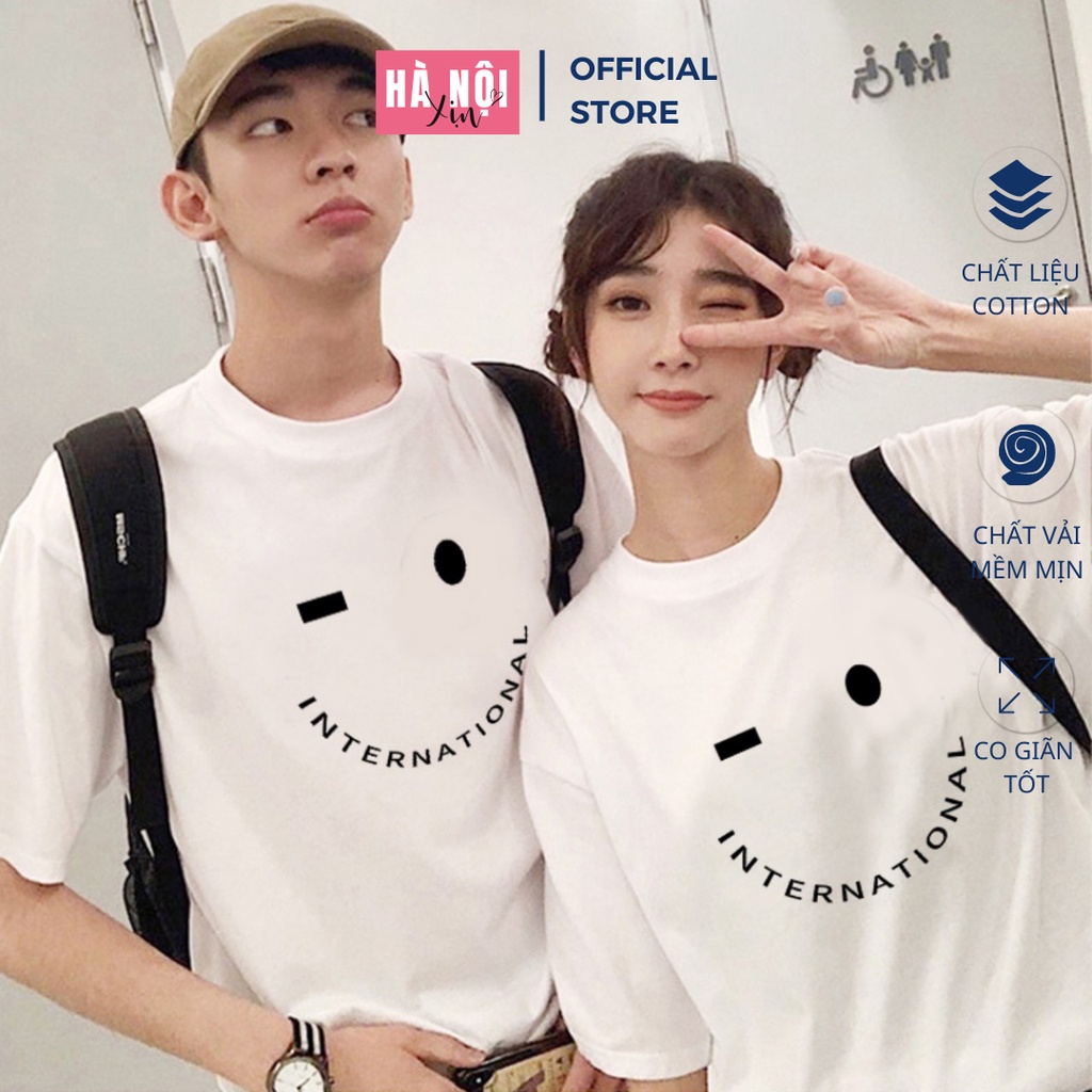 Áo thun đôi nam nữ, áo phông đôi nam nữ tay lỡ vải cotton, áo phông đôi in hình mặt cười cho các cặp đôi