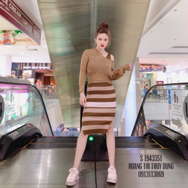 Set len hot hit ( gồm đầm body kẻ và áo len bên ngoài) | BigBuy360 - bigbuy360.vn