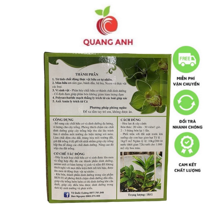 [FreeShip] Viên Nén Dinh Dưỡng Hữu Cơ Ben 01 Hùng Nguyễn hộp 1kg dùng bón gốc cho hoa lan, cây cảnh và rau sạch