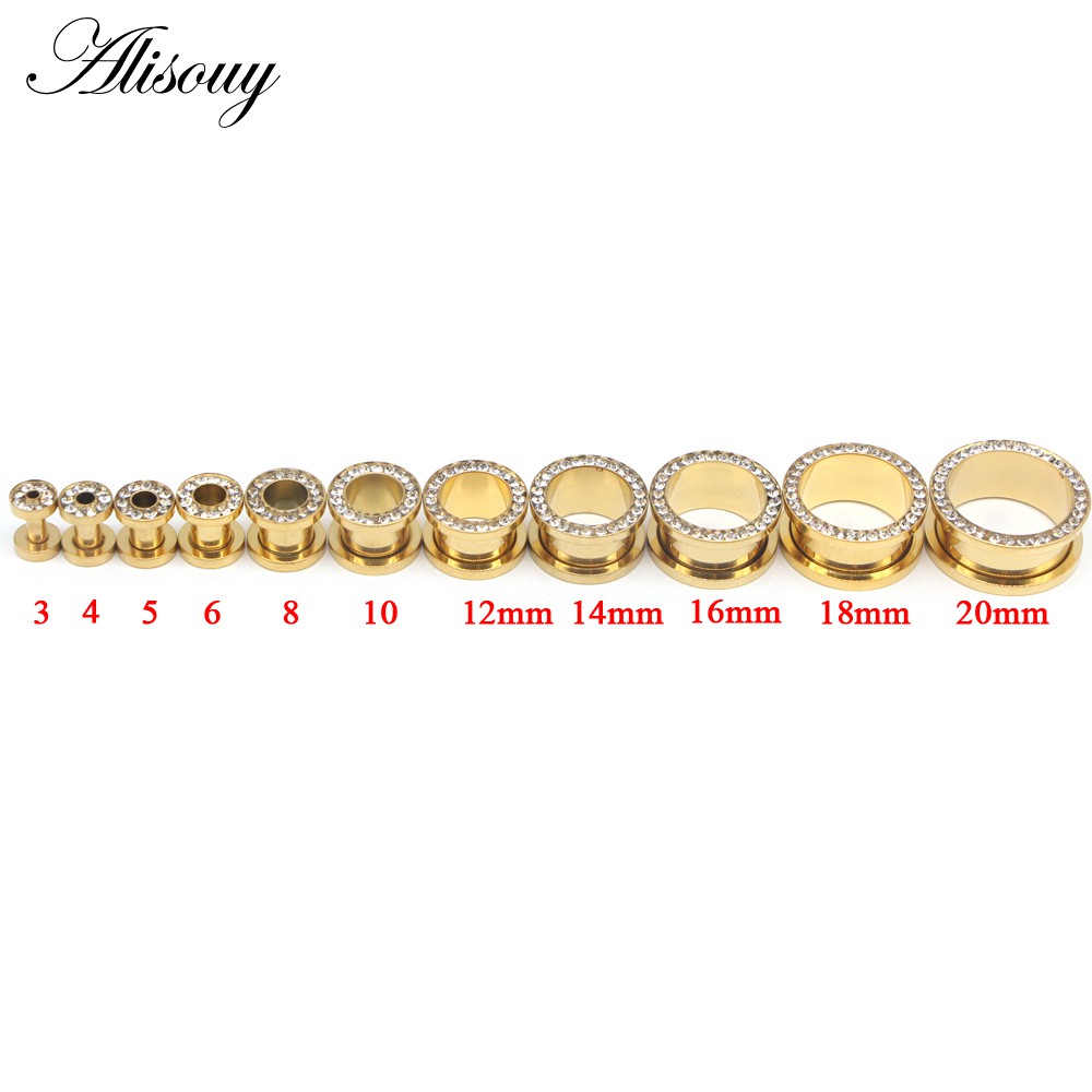Alisouy 1 Cặp Nút Bịt Lỗ Tai 3~20mm Màu Vàng Pha Lê