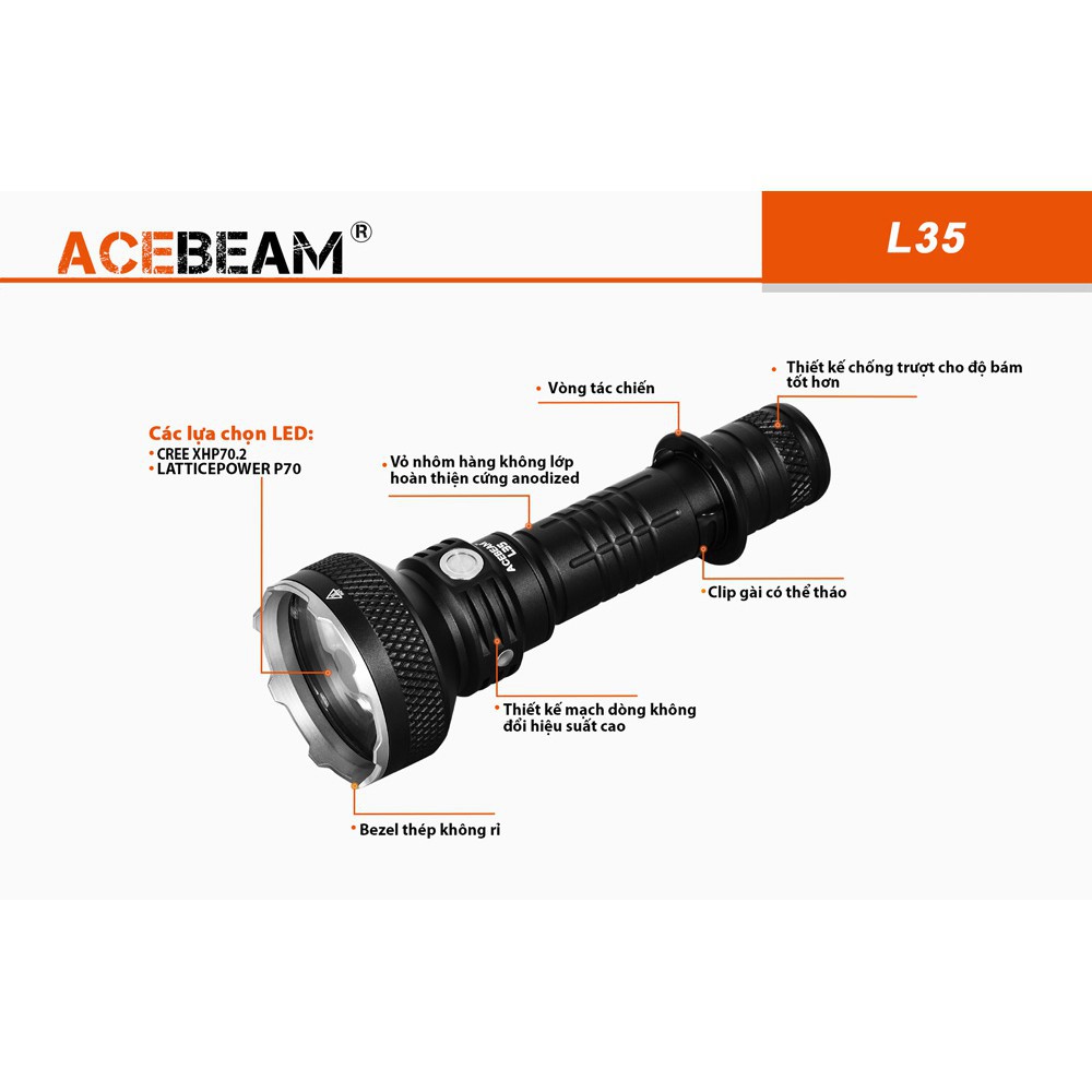 Đèn pin chuyên dụng ACEBEAM L35 LED CREE XHP70.2 sáng 5000lm xa 480m pin 21700 5100mAh USB (kèm pin) Đèn &amp; Đen pin