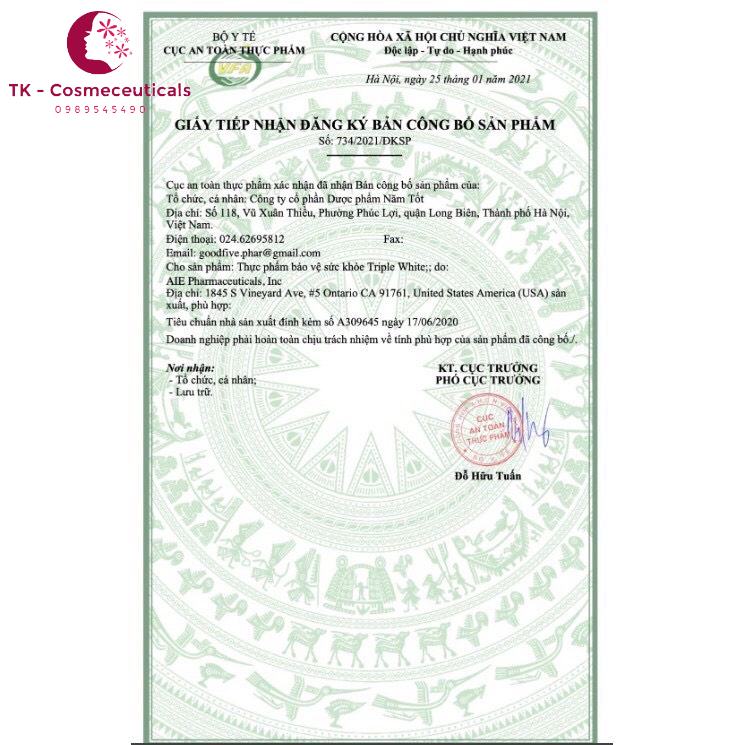 TRIPLE WHITE Viên Uống Trắng Da Glutathione 1200mg, Chống Nắng, Giảm Thâm Nám, Chống Lão Hoá - 50 Viên