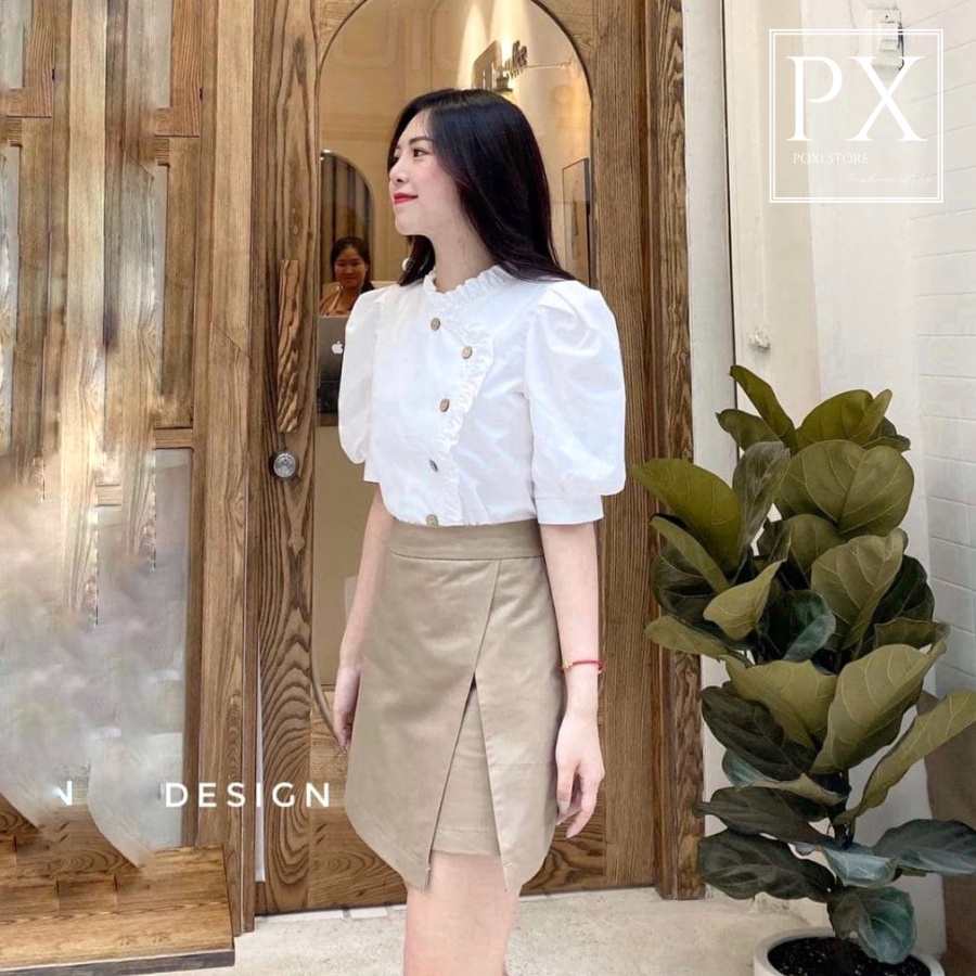 Áo Cổ Trụ Bèo Nút Gỗ Cài Lệch (TRẮNG)