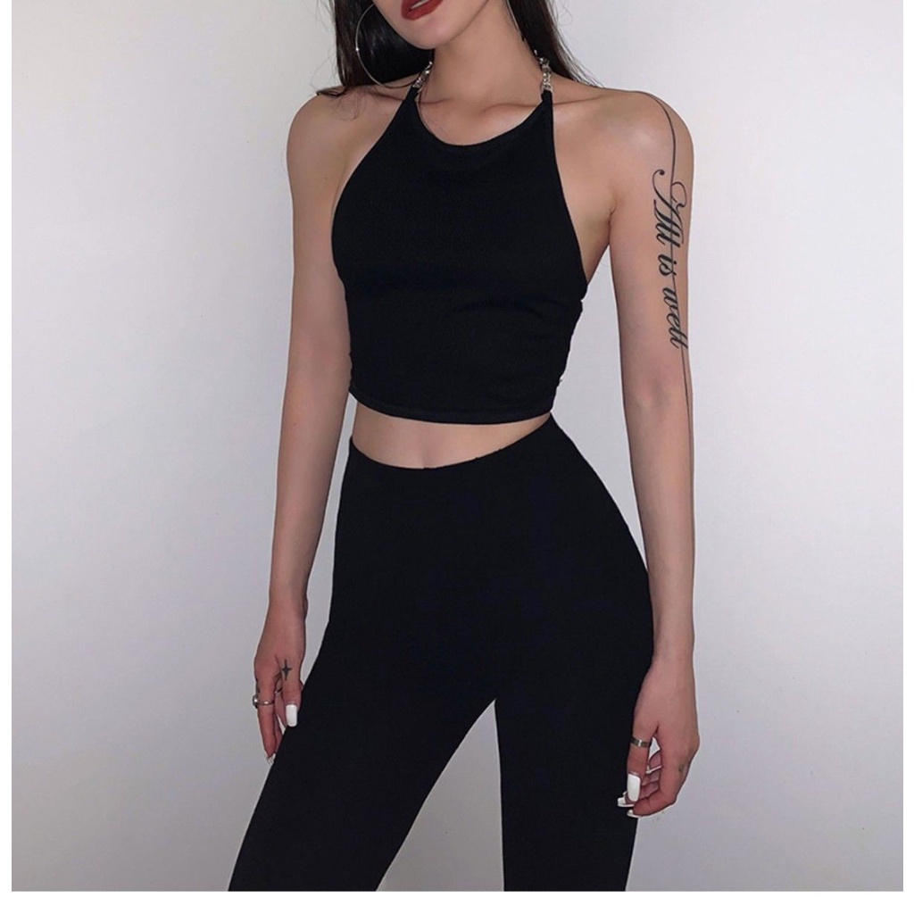 Áo Croptop Hai Dây Hở Lưng Dáng Ôm Phối Dây Xích Kiểu Hàn Quốc Thời Trang Cho Bạn Gái
