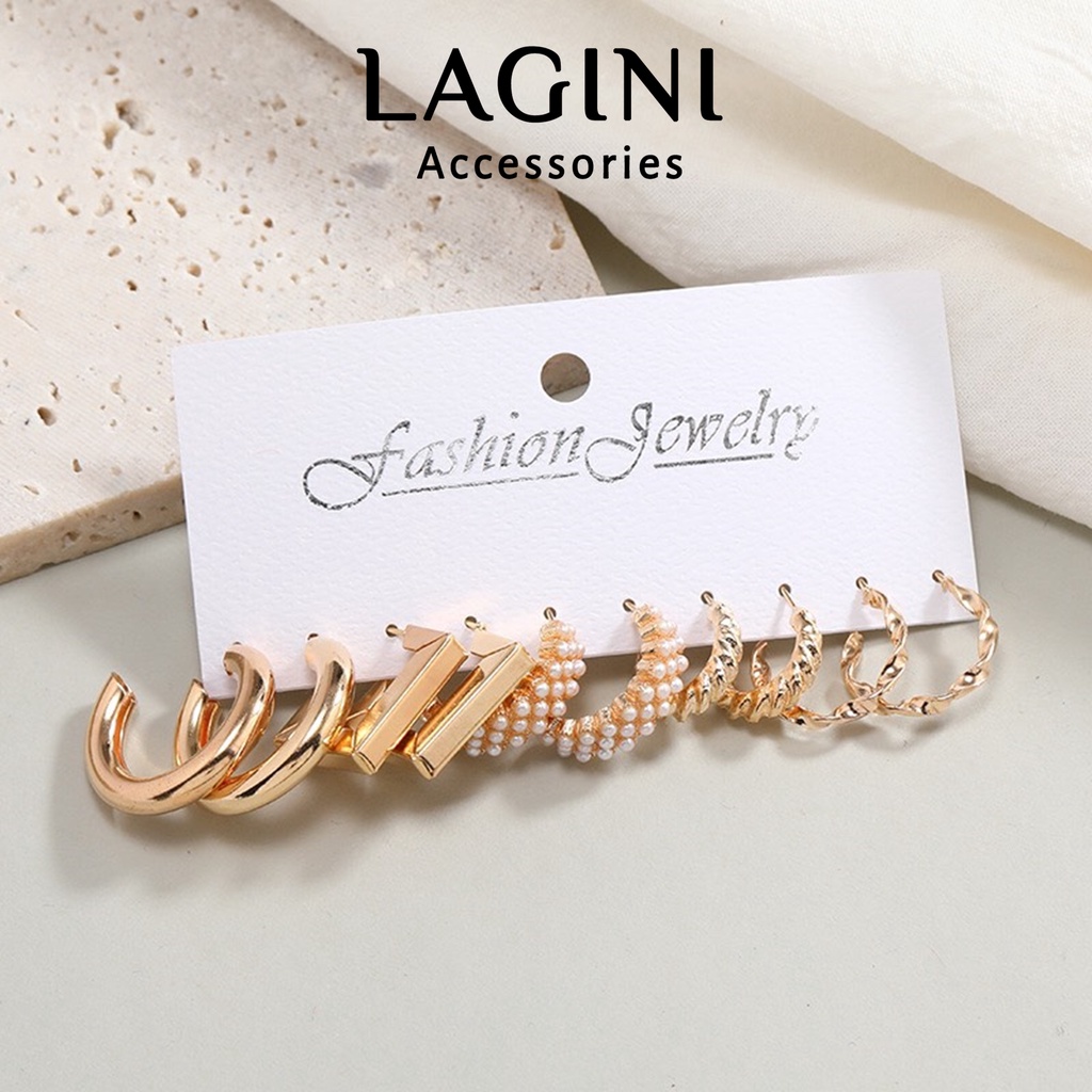 Set bộ bông tai khuyên tai Lagini ngọc trai Hàn Quốc sang chảnh cá tính cho nữ